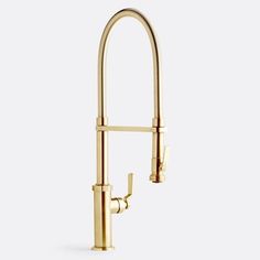 a gold faucet with the handles extended and nozzles on it, in front of a white background