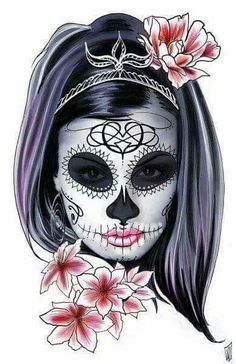 a sticker with a woman's face painted in white and red flowers