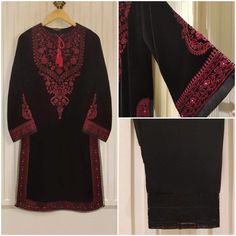 "Two piece pure velvet embroidered shirt with pant length \"41\" pant fabric: raw silk" Designer Velvet Traditional Wear With Long Sleeves, Velvet Long Sleeve Traditional Designer Wear, Velvet Long Sleeve Salwar Kameez With Resham Embroidery, Designer Long Sleeve Velvet Salwar Kameez, Elegant Long Sleeve Velvet Traditional Wear, Anarkali Style Long Sleeve Velvet Kurta, Velvet Anarkali Kurta With Long Sleeves, Unstitched Velvet Traditional Wear For Eid, Semi-stitched Velvet Long Sleeve Kurta