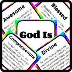 the word god is surrounded by colorful squares with words in them that spell out,