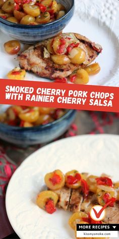 grilled cherry pork chops with rain cherries salsa on a white platter