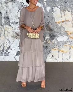 Olivia Mark - Chic Round Neck Batwing Sleeve Maxi Dress Flowing Summer Dresses, Elegant Maxi Dress, Grey Maxi Dress, Dress Cake, Pleated Mini Dress, Sleeves Clothing, Floral Print Maxi Dress, Crewneck Dress, Sleeve Maxi Dress