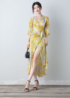 ★★FEATURES polyester fabric wrap dress with string tie on one side v neckline 3/4 length sleeves yellow floral dress with ruffle hemline Perfect for Summer ★★ Bespoke Order Service If you Request other color Request the length Your height is not between 155 cm- 172 cm Your weight is over 75 kg I can do it for you, It will need some extra fee depending on on your need. Contact with me for more detail. ★★ Warmly Note: 1 ) : Please confirm your shipping address! If you wish to ship the item to a di Chiffon V-neck Maxi Dress With Tie Waist, Summer Chiffon V-neck Maxi Dress, Yellow Chiffon V-neck Maxi Dress, V-neck Wrap Dress With Tie Waist For Garden Party, Party V-neck Chiffon Wrap Dress, Spring Vacation V-neck Dress With Tie Waist, Flowy Summer V-neck Dress With Tie Waist, Summer Flowy V-neck Dress With Tie Waist, Chic V-neck Chiffon Wrap Dress