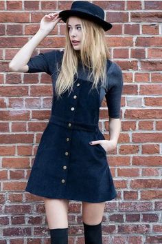 Corduroy Button Front Sleeveless Overall Dress #corduroy #dress #fun #genuinepeople Corduroy Overall Dress, Blue Corduroy, Mode Casual, Special Dresses, Suspender Dress, Pinafore Dress, Glam Rock, Overall Dress, College Fashion