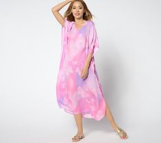 A swimsuit cover-up or a lightweight and comfy style you can wear around the house, this caftan will get plenty of wear this season. Emblazoned with a beautiful butterfly print, this billowy dress will set hearts all a-flutter. From Quacker Factory®. Flowy Spring Loungewear Cover-up, Summer Beach Dress With Butterfly Sleeves, Summer Beach Dresses With Butterfly Sleeves, Butterfly Sleeve Summer Beach Dress, Summer Vacation Dress With Butterfly Sleeves, Summer Vacation Dresses With Butterfly Sleeves, Oversized Summer Dress With Kimono Sleeves, Oversized Dress With Kimono Sleeves For Summer, Butterfly Print Beach Dresses For Spring