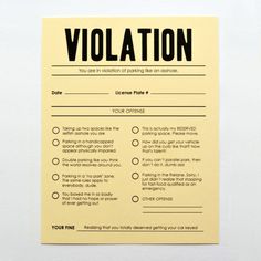 a yellow piece of paper with the words violation written in black ink on it, against a white background