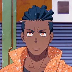 an anime character with blue hair and orange eyes looks at the camera while standing in front of a garage door