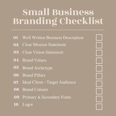 the small business branding checklist is shown in white and beige colors, with numbers on it