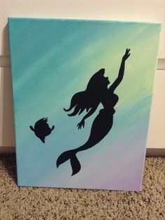 a painting of a mermaid with a fish on it's back and the silhouette of a cat