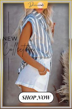 Button Down Collar Cap Sleeve Blouse Shirt Casual White Blouse With Buttons, Chic Vacation Tops With Button Closure, Chic Tops With Button Closure For Vacation, Casual Tops With Button Closure For Summer, Striped Summer Shirt With Buttons, Striped Beach Tops With Button Closure, Striped Tops With Button Closure For Beach, Striped Tops With Button Closure For Summer, Trendy Vacation Tops With Button Closure