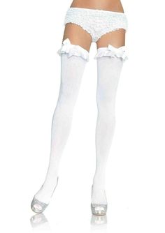 color_white | Leg Avenue Devi Stockings with Ruffle Bow White Thigh Highs, Thigh High Stockings And Tights, Pin Up Outfits, Leg Avenue, Over The Knee Socks, Stocking Tights, Thigh High Socks, Thigh High Stockings, Fishnet Stockings