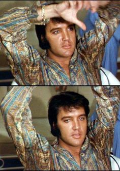 two pictures of elvis presley with their hands in the air