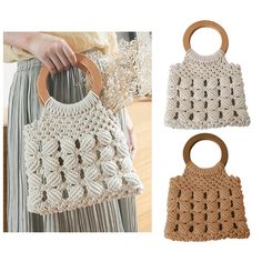 Boho Rope Wood Handle Bag. Lovely retro circle handle bag. Handle: hard wood handle Color: cream, brown Bag Size: Approx. 11 inches by 12 inches Rope Weaving, Best Leather Jackets, Rope Weave, Woven Handbags, Leather Jacket Style, Best Handbags, How To Make Handbags, Hollow Design, Travel Beach