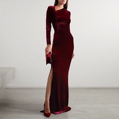 Material: Velvet Side Opening Evening Dress Gown Seal Photography, Suit Turtleneck, Velvet Bridesmaids Dresses, Velvet Dresses Outfit, High Updo, Velvet Dress Long, Designer Maxi Dress, Red Velvet Dress, Velvet Gown