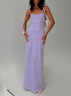 Maxi dress Satin material, floral print, cowl neckline, invisible zip fastening at back, open back with lace up fastening Non-stretch, Fully lined 100%  polyester, Lining: 100% polyester  Cold hand wash Formal Purple Dress, Lavender Gowns, Maxi Dress Satin, Lilac Gown, Formal Maxi Dress, Prom Inspiration, Prom Inspo, Princess Prom Dresses, Lavender Dress