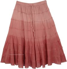 A lightweight casual everyday cotton knee-length skirt in an interesting hue to wear this summer season, dull rose pink ombre! The pure cotton fabric of the skirt is very comfortable and will keep you cool in the hot and humid season.  This is a partially lined skirt and the unfinished tiers give fullness and flare to the skirt. #tlb #JuniorPetite #TieredSkirt #Solid #TieredSkirt #LiningSkirt #SummerFunSkirt Pink Knee-length Cotton Skirt, Short Tiered Skirt, Brandy Rose, Tie Dye Long Skirt, Hippy Style, Indian Skirt, Bohemian Tunics, Fairy Skirt, Hippie Look