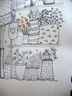 a drawing of pots and flowers on a shelf