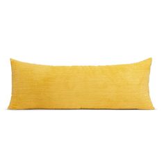 the yellow corded pillow is on a white background and it has a long, rectangular shape