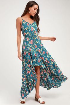 Cute Floral Dresses and Printed Party Attire | Latest Styles of Women's Floral-Print Dresses at Great Prices Green Floral Print Dress, High Low Maxi Skirt, Green Formal Dresses, Cute Floral Dresses, High Low Maxi Dress, Green Maxi, Green Floral Print, Floor Length Gown, Maxi Dress Green