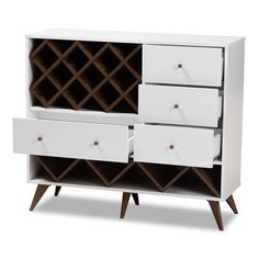 a white cabinet with wine racks and drawers