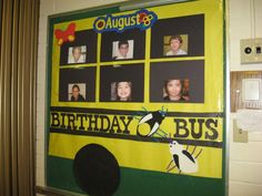 a school bus is decorated with pictures of children's faces and the words birthday bus