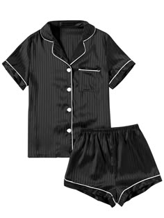 PRICES MAY VARY. Soft and lightweight silk satin material, this loungewear set is comfortable for your relaxing day or night. Two piece satin pajamas set featuring with a button front short sleeve shirt and a pair of shorts. Notch collar short sleeve top with a chest pocket, button up closure, piping trim. V neck stripe printed sleepshirt. Printed elastic waist shorts for a relaxed fit. Women's summer loungewear pajamas set with shorts. Casual 2 piece satin PJs sleepwear set for year-round wear. Cheap Red Pajama Shorts For Summer, Black Pajamas Satin, Louis Vuitton Pyjamas, Silk Pyjamas Black, Louis Vuitton Pj, Silk Pajamas Vs, Cheap Pink Pajama Shorts, Pajamas Louis Vuitton, Cheap Fitted Pink Pajama Shorts