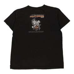 Description:Vintage Wisconsin black Harley Davidson t-shirt, fits medium.GENDER: womens CONDITION: very good.STYLE: t-shirtERA: 1990sCOLOUR: blackFABRIC: cotton 90s Style Black Top With Front Print, 90s Black Top With Front Print, Vintage Black T-shirt With Letter Print, Vintage Black T-shirt With Front Print, Vintage Black T-shirt With Graphic Design, Vintage Black Crew Neck T-shirt, 90s Black T-shirt With Front Print, 90s Style Black T-shirt With Front Print, Vintage Black T-shirt With Screen Print