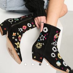 Free People Bowers Suede Doodle Embroidered Ankle Boots With Side Zipper Closure Playful Quirky Statement Piece Nwot Or Box Which Caused Some Store Wear Free People Shoes, Sleek Fashion, Western Boots, Block Heels, Bootie Boots, Free People, Ankle Boot, Leather Upper, Ankle Boots