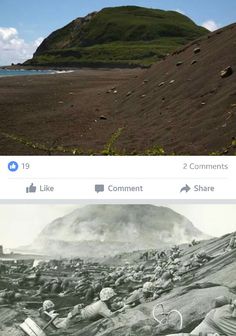 two different views of the same beach and one has an image of a mountain in the background