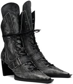 Handcrafted ankle-high buffed leather boots in black. · Distressing and fading throughout · Pointed square toe · Lace-up closure · Pin-buckle strap at vamp · Extended tongue · Zip closure at inner side · Logo embossed at molded leather footbed · Grained leather lining · Curved heel with rubber injection · Leather sole · Heel: H2.75 in Supplier color: Moto black Mens High Heeled Boots, Classy Boots Women, Balenciaga Shoot, Fantasy Shoes Boots, Book Of The Damned, 1960s Boots, Fantasy Boots, Romantic Shoes, Dragon Boots