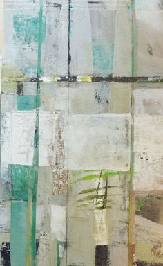 an abstract painting with green, white and brown squares on it's surface is shown