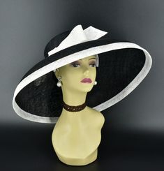 M22025 Black White Hat Audrey Hepburn Hat 19.75 Jumbo Wide Brim Sinamay Hat - Etsy White Brimmed Fedora For Kentucky Derby, White Straw Hat With Curved Brim, White Fedora Sun Hat For Formal Events, Adjustable Wide Brim Boater Hat For Church, Chic White Hat Bands For Kentucky Derby, Black Hat With Curved Brim For Royal Ascot, Black Curved Brim Hat For Royal Ascot, Chic White Hat Bands With Curved Brim, Black Curved Brim Hats For Races