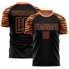 an orange and black baseball jersey with the number 00 on it, featuring tiger stripes