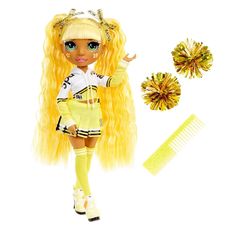 a doll with long blonde hair and two yellow combs on her head, next to it's accessories