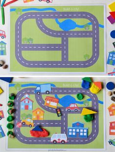 two pictures of the same road with cars and trucks on it, one is made out of construction paper