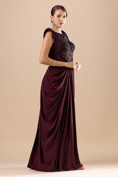 Wine draped dress featuring a padded bodice with crystal, cutdana, sequins, and Swarovski embroidery, Fit: Relaxed Swarovski Embroidery, Net Embroidery, Wine Dress, Buy Wine, Draped Dress, Aza Fashion, Dress For Women, Women Dresses, Dresses Maxi