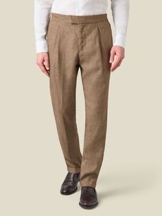 Hazelnut Brown Linen Pleated Trousers | Luca Faloni Classic Brown Linen Pants, Classic Brown Linen Bottoms, Tailored Beige Linen Pants, Brown Elegant Relaxed Fit Pants, Elegant Brown Relaxed Fit Pants, Fitted Linen Dress Pants With Tapered Leg, Tailored Elegant Linen Bottoms, Tailored Wide Leg Linen Pants, Elegant Tailored Linen Bottoms