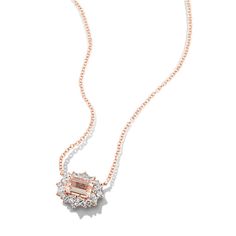 This gorgeous pendant features a natural peach morganite gemstone at its center. A halo of round and marquise natural diamond accents creates a floral look  while 14-karat rose gold perfectly complements the morganite gemstone. A matching rolo chain with a lobster clasp keeps this necklace secure. Rose Gold Flower Pendant With Single Cut Diamonds, Elegant Rose Gold Morganite Jewelry, Fine Jewelry Marquise Rose Gold, Fine Jewelry Morganite Ring With Halo Design, Fine Jewelry In Rose Gold Marquise Style, Fine Jewelry In Rose Gold Marquise Shape, Delicate Rose Gold Jewelry With Halo Setting, Fine Jewelry Rose Gold Marquise, Fine Jewelry With Halo Design In Morganite