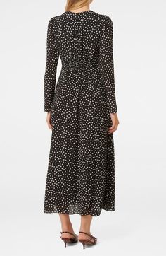 "Find EVER NEW Mietta Print Long Sleeve Midi Dress on Editorialist. Worthy of celebration, this charming puff-shoulder maxi is sprinkled with allover dots that fall like confetti. 51\" length Hidden side zip; keyhole with button-and-loop closure Jewel neck Long sleeves Lined 100% viscose Hand wash, line dry Imported" Fitted Long Sleeve Polka Dot Maxi Dress, Elegant Long Sleeve Midi Dress With Ditsy Floral Print, Elegant Long Sleeve Maxi Dress With Ditsy Floral Print, Fall Midi Dress With Ditsy Floral Print, Fall Midi Length Ditsy Floral Print Dress, Long Sleeve Viscose Maxi Dress For Fall, Spring Long Sleeve Polka Dot Midi Dress, Spring Polka Dot Long Sleeve Midi Dress, Flowy Polka Dot Midi Dress