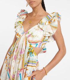 Halcyon Floral Silk Maxi Dress in Multicoloured - Zimmermann | Mytheresa Floral Ruffled Maxi Dress For Party, Elegant Floral Print Midi Dress With Ruffle Sleeves, Chic Floral Dress With Flutter Sleeves For Brunch, Silk Maxi Dress With Floral Print, Feminine Silk Maxi Dress For Spring, Feminine Flowy Silk Maxi Dress, Feminine Silk Maxi Dress For Garden Party, Feminine Maxi Dress With Flutter Sleeve For Garden Party, Feminine Flutter Sleeve Maxi Dress For Garden Party