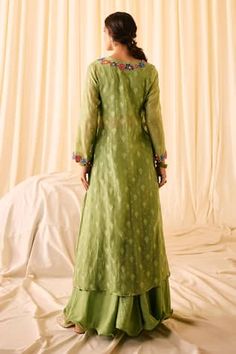 Green kurta with woven floral buttis, embellished by floral applique motifs and beads. Comes with palazzo, inner and dupatta. - Aza Fashions Festive Green V-neck Sets, Green V-neck Set For Diwali, V-neck Festival Sets With Self Design, V-neck Resham Embroidery Fitted Sets, V-neck Fitted Sets With Resham Embroidery, Fitted V-neck Dupatta, Designer V-neck Fitted Kurta, Fitted V-neck Palazzo Set For Festive Occasions, Palazzo Set