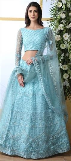 Blue color Lehenga in Net fabric with Embroidered, Stone, Thread work Blue Sharara With Intricate Embroidery For Wedding, Wedding Blue Sharara With Intricate Embroidery, Light Blue Embroidered Wedding Sets, Light Blue Embroidered Sharara For Wedding, Embroidered Light Blue Sharara For Wedding, Fitted Blue Embroidered Fabric For Reception, Blue Embroidered Sharara For Wedding, Embroidered Blue Sharara For Wedding, Blue Traditional Wear With Intricate Embroidery For Wedding