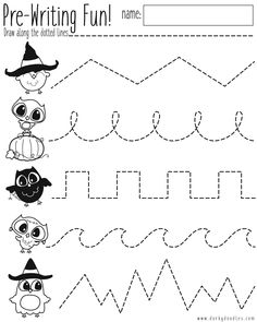 the printable worksheet for pre - writing fun with owls and witches on it