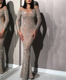 Sequined Mesh Deep V Perspective Mermaid Evening Dress – debulp Dress Banquet, Party Dresses With Sleeves, Bad Dresses, Backless Evening Dress, Gown Ideas, Dress Sleeve Length, Sequin Evening Dresses, Long Sleeve Evening Dresses, Sequin Dresses