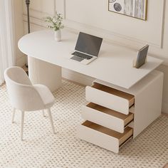 a laptop computer sitting on top of a white desk next to a chair and lamp