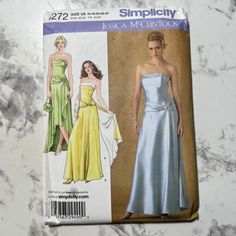 "Name: Simplicity 4272 Description: Jessica McClintock Misses' Evening Dress with Hem Variations, Wrap, and Purse Year: 2006 Cut/Uncut: Uncut Size: U5 16-24 See photos for condition, sizing, and fabric requirements. Have any questions about this item? Feel free to message me, I'll respond ASAP! I ship all my patterns as soon as possible, always within 1-3 business days. If you need to cancel your order, it must be done within 24 hrs.  All patterns are being sold \"as is\", but I do my absolute b Petite Evening Dresses, Purse Sewing Patterns, Strapless Evening Dress, Purse Pattern, Sewing Purses, Dress Wrap, Pattern Brands, Jessica Mcclintock, Strapless Gown