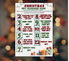 a printable christmas gift exchange game with presents on it and lights in the background