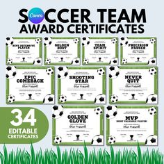 soccer award certificates with green grass and soccer balls in the middle, on top of each