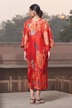 Red bemberg silk kimono dress with floral digital print and sequins hand embroidered yoke. - Aza Fashions Silk Kimono Dress, Floral Digital Print, Print Kimonos, Silk Kimono, Kimono Dress, Flared Sleeves, Dress For Women, Aza Fashion, Red Floral