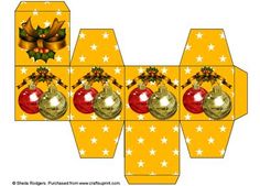 an ornament box with christmas decorations on top and stars around the edges, cut out from yellow paper